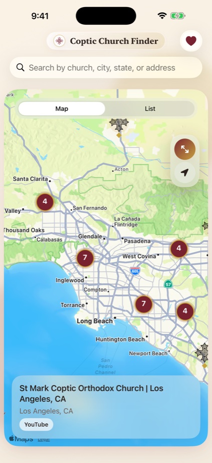 The Discover screen of the app, showing Coptic churches on a map