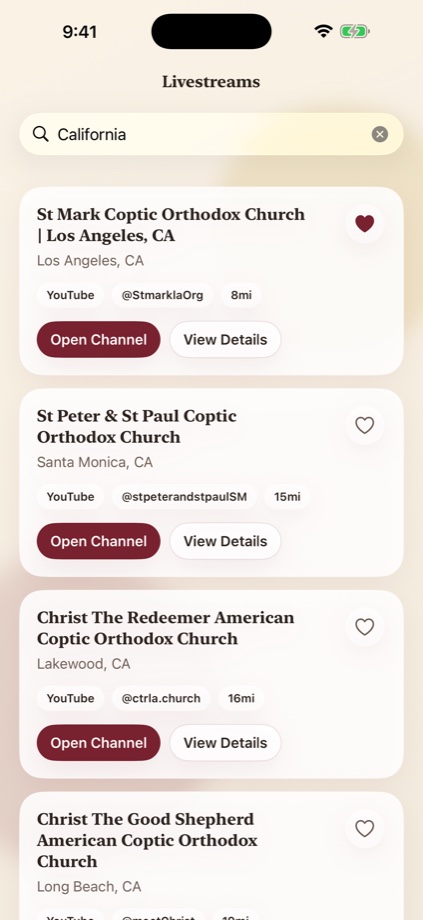 The Livestreams screen of the app, listing churches broadcasting online