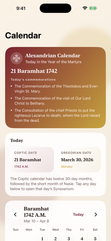 The Coptic calendar screen of the app, showing today's Coptic date and season